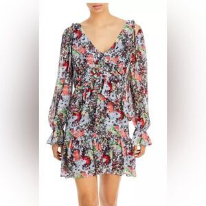 Cinq à Sept Floral Boho Mini Dress Long Sleeve Cold Shoulder Ruffle Hem
